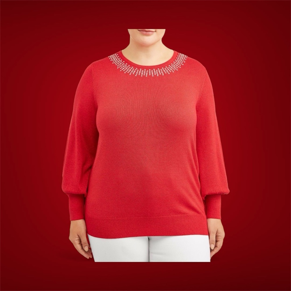 Terra & Sky Red Sweater with Embellished Neckline